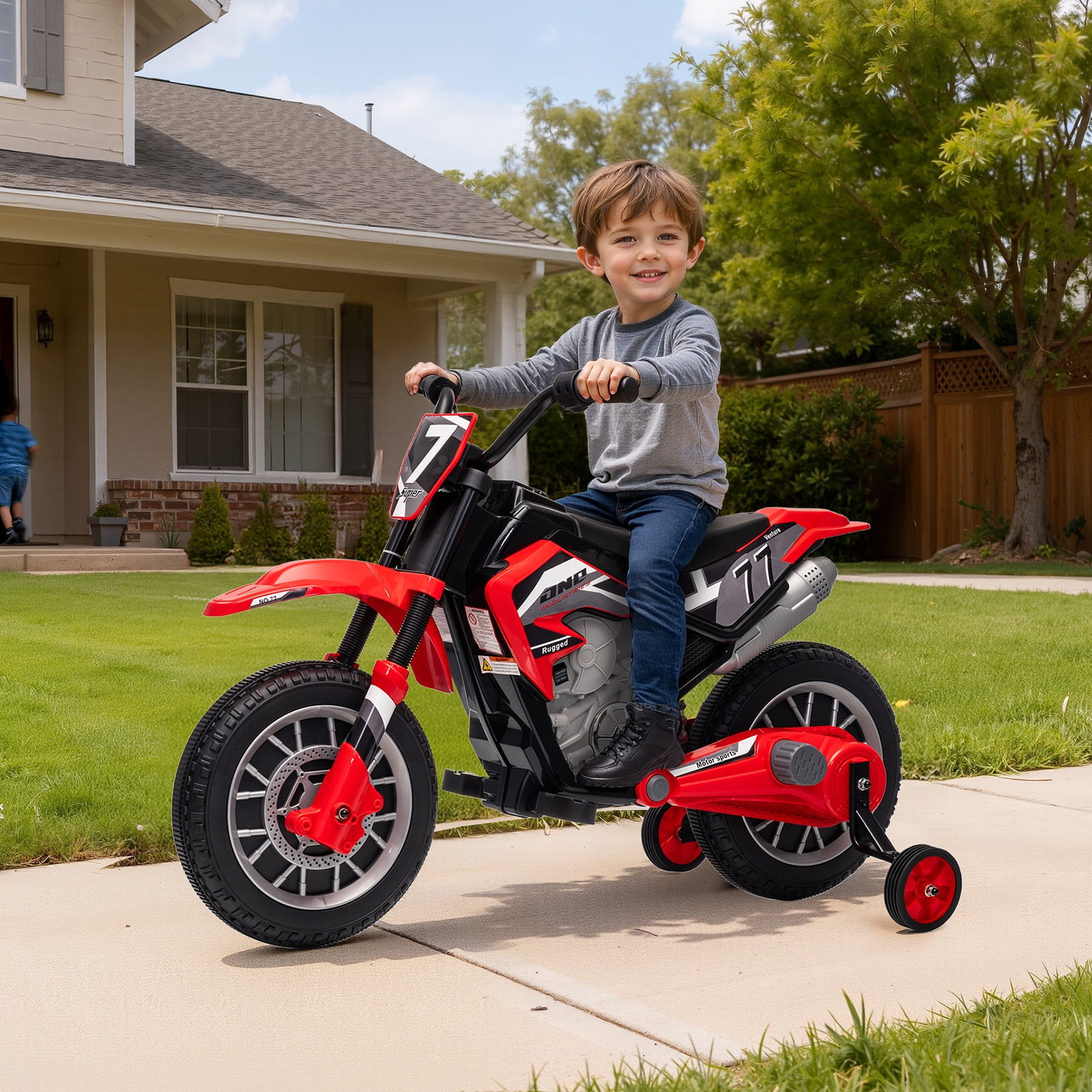 Mukidy 12V Electric Motorcycle for Kids Dirt Bike Ride on Toy Battery Powered Off-Road Motorbike w/ Training Wheels, Age 3-8 Year Old, Red