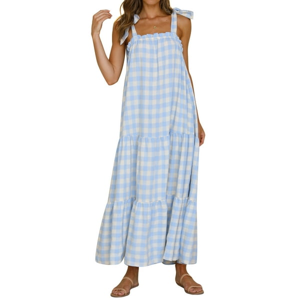 SAYOO Vestido largo sin mangas para mujer, estampado a cuadros, con lazo, sin espalda, vestido holgado SAYOO S-XL