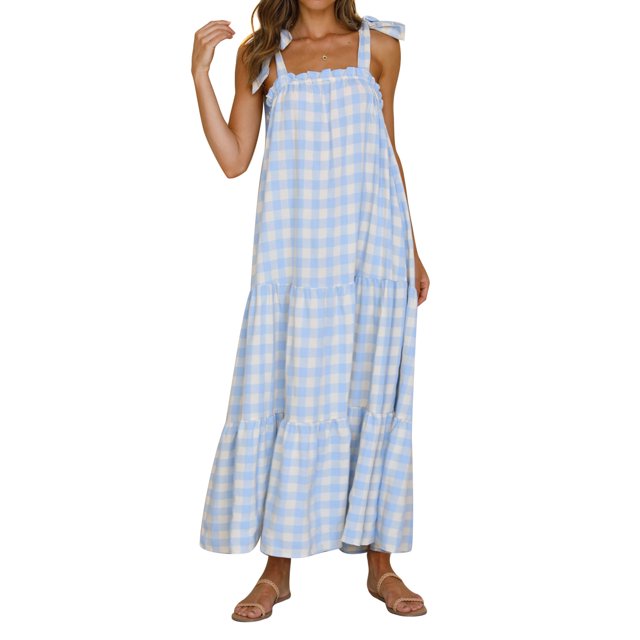 Lucakuins Vestido largo sin mangas para mujer, estampado a cuadros, con lazo, sin espalda, vestido holgado Lucakuins S-XL