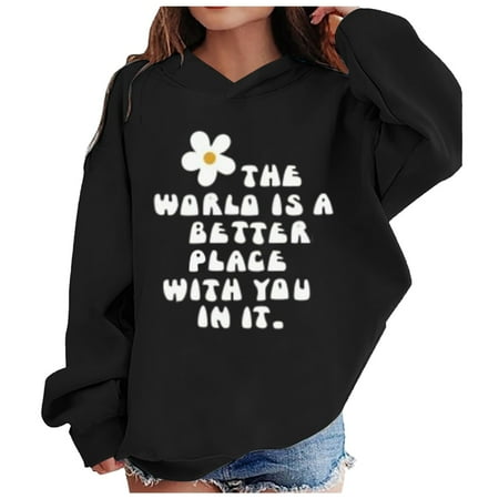 kpoplk Hoodies for Girls Letter Print Graphic Sweatshirt Hooded Long Sleeve Casual Loose Pullover Tops(Black H)