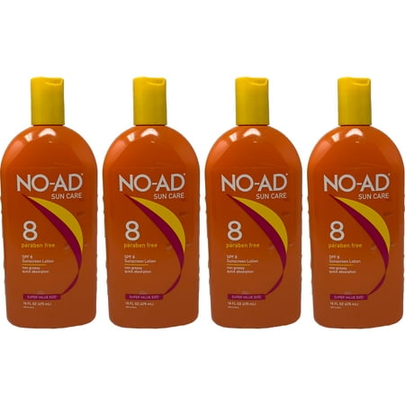 NO-AD (4-Pack) SPF 8 Paraben Free Sunscreen Lotion Non-Greasy 16fl oz (Best Non Greasy Sunscreen For Body)