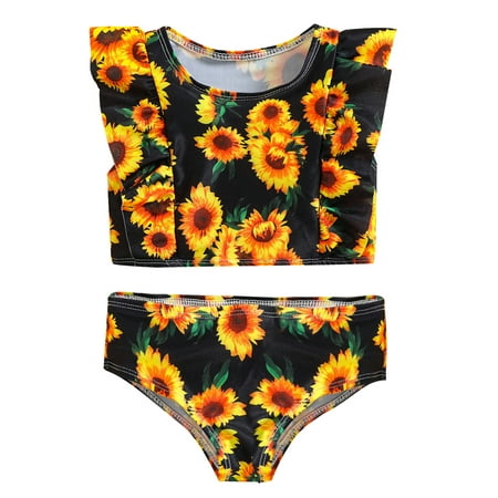 

Neon Toddler Swimsuit Girl Size 100 For 3 Years-4 Years Two-Piece Summer Sunflowers Print Ruffles Swimwear Set Kids Bathing Suits For Girls