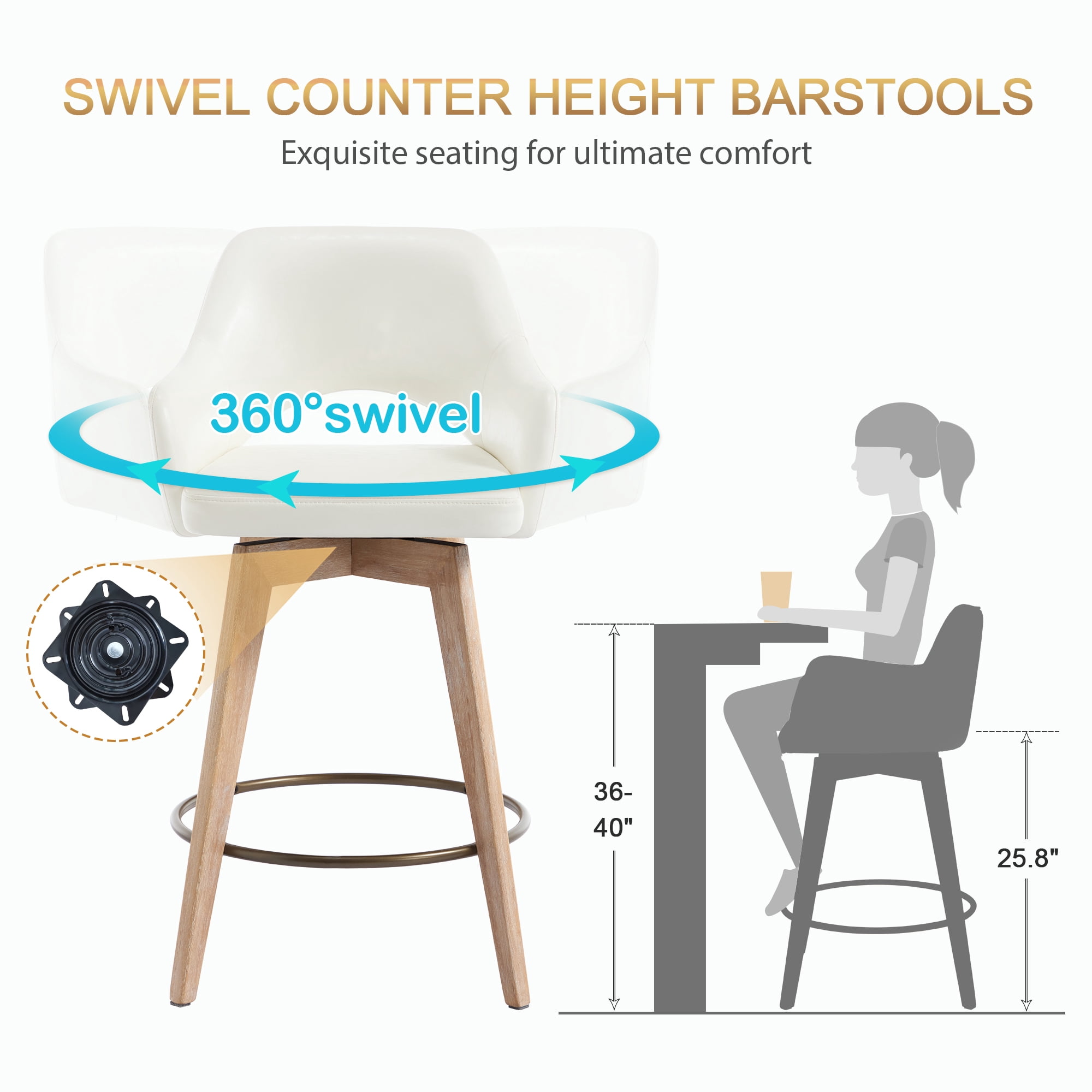 Zesthouse 26.8″ Swivel Counter Height Bar Stools Set of 2, Upholstered Faux Leather Bar Stools with Back and Wood Legs, Mid Century Modern Barstool Island Chairs for Kitchen Counter, Cream