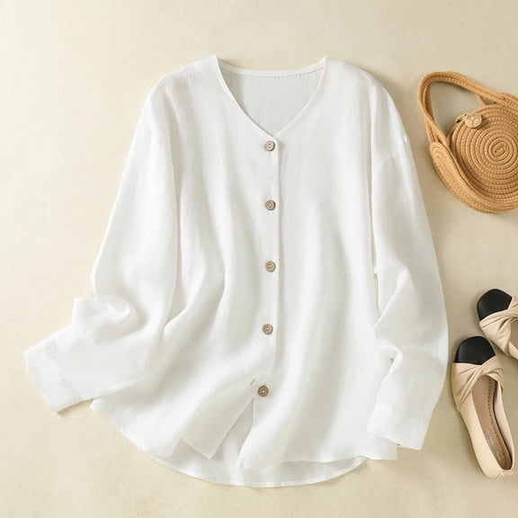 Cotton Linen Shirts for Women Tops Oversized V Neck Button Down Long Sleeve T Shirt Summer Casual Solid Plus Size Loose Comfy Tee Shirts