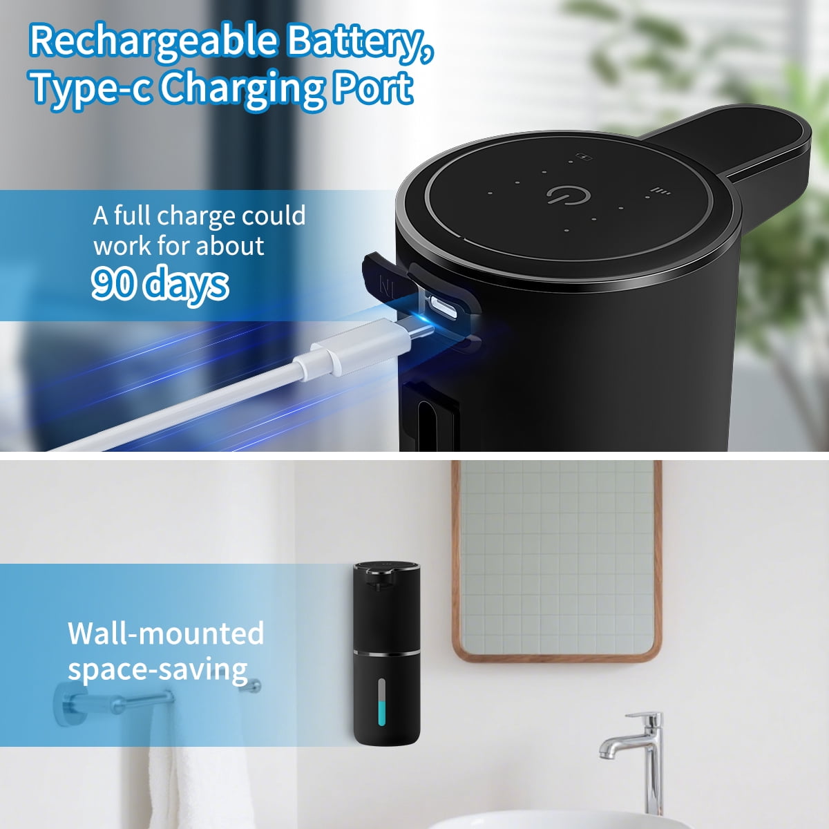 FEELSO Automatic Soap Dispenser, Touchless Foaming USB-C Rechargeable, 4-Level Adjustable, Wall Mount or Countertop, Black