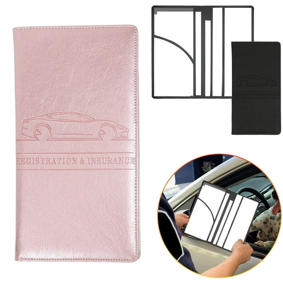 Car Registration and Insurance Card Holder, Pu Leather 5"×9.5" Organizer with Shut and 4 Clear Slots, Embossed Car Documents for License Pink
