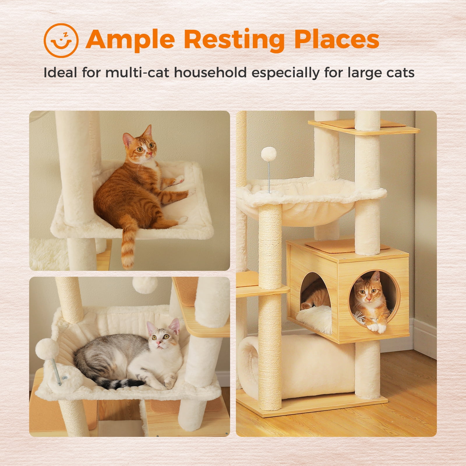 Pefilos Floor to Ceiling Cat Tree 93.3’’-100.8’’ Height Adjustable, Wooden Cat Tower Tall Climbing with Scratching Posts, Condo, Perches and Hammock, Beige
