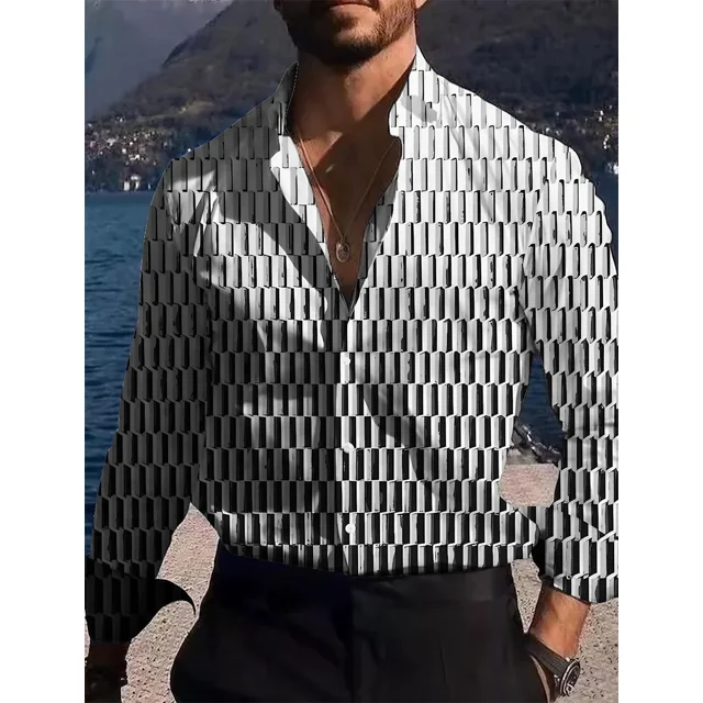 Camisa de hombre con estampado geométrico, pliegue verde, ropa de calle de manga larga para exteriores, ropa estampada, diseñador de ropa de calle de moda