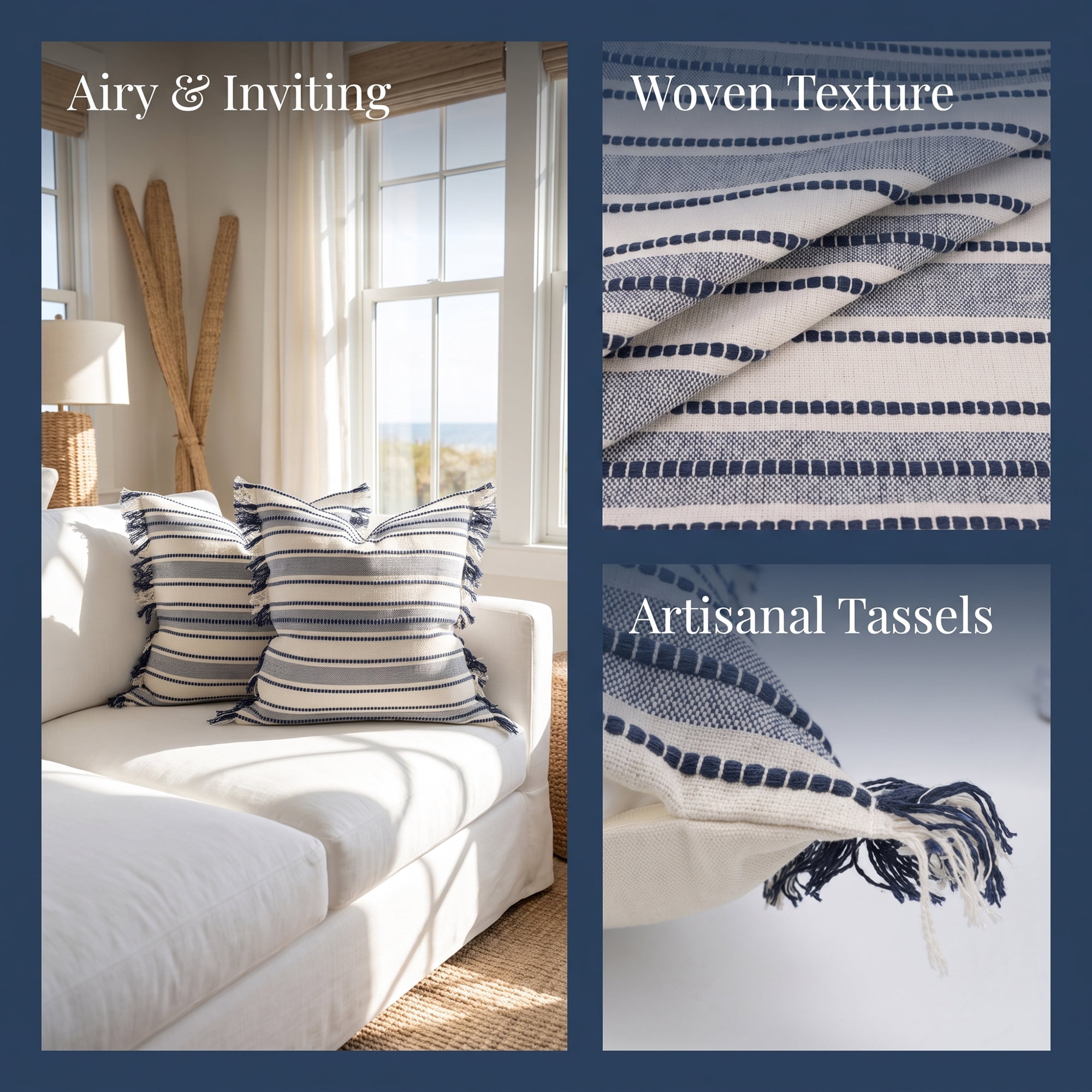 Unique Bargains Boho Stripe Throw Pillow Covers 2 Pack Tassel Cushion Cases Blue 18"x18"