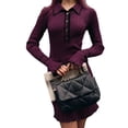 thumbnail image 2 of Womens V Neck Bodycon Sweater Dress Long Sleeve Half Button Slim Fitted Ruffle Ribbed Knit Mini Pencil Dress L, 2 of 7