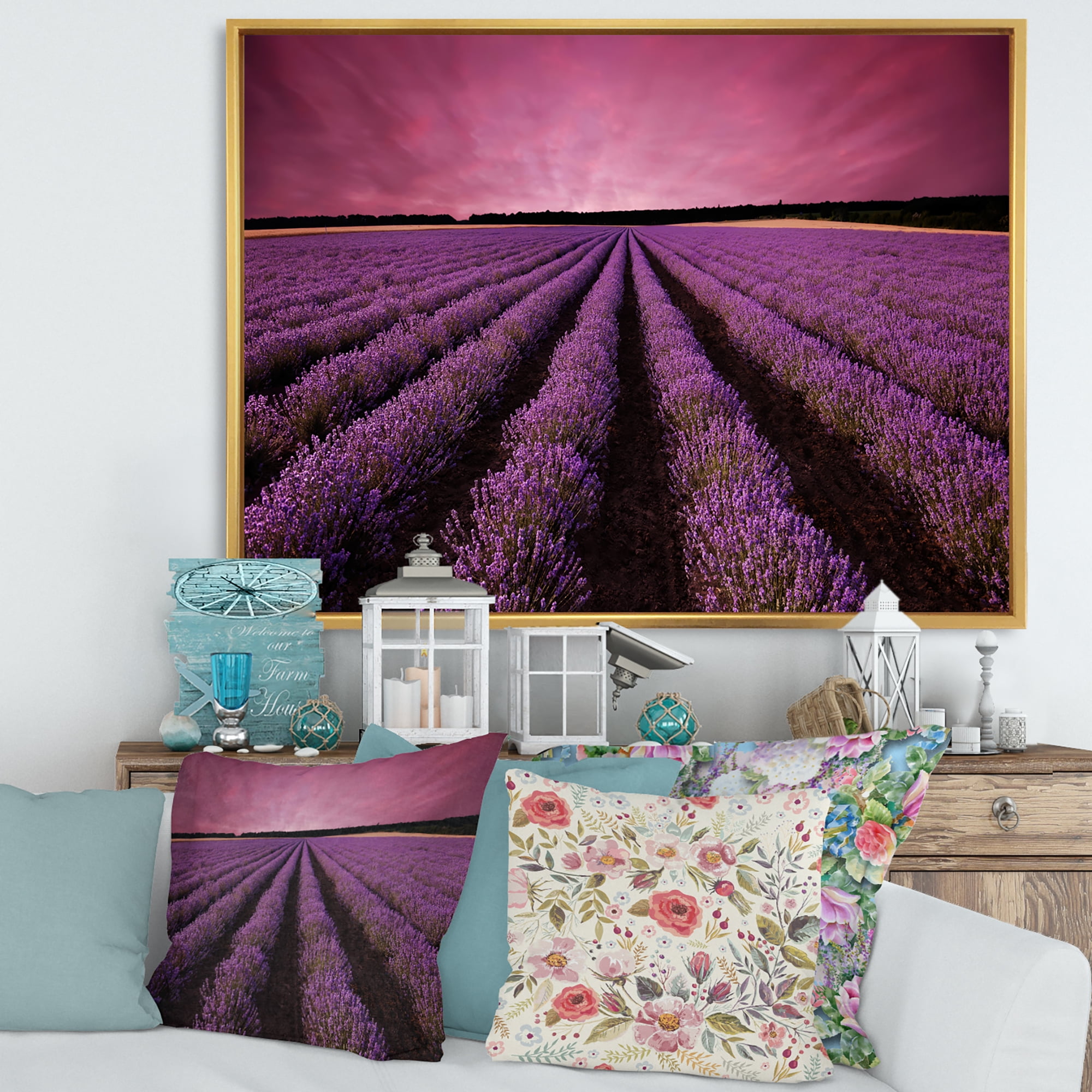 Designart 'Dramatic Clouds and Sunrise Over Lavender Field XI' Farmhouse Framed Canvas Wall Art Print