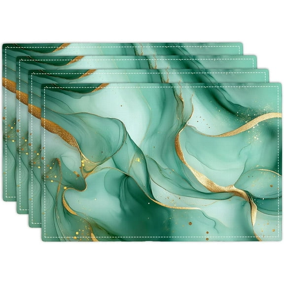 Marble Placemats Set of 4, Emerald Green and Gold Abstract Marble Texture Print Placemats Table Mat for Home Dining Table Kitchen Party Decor 12x18 in 4 PCS