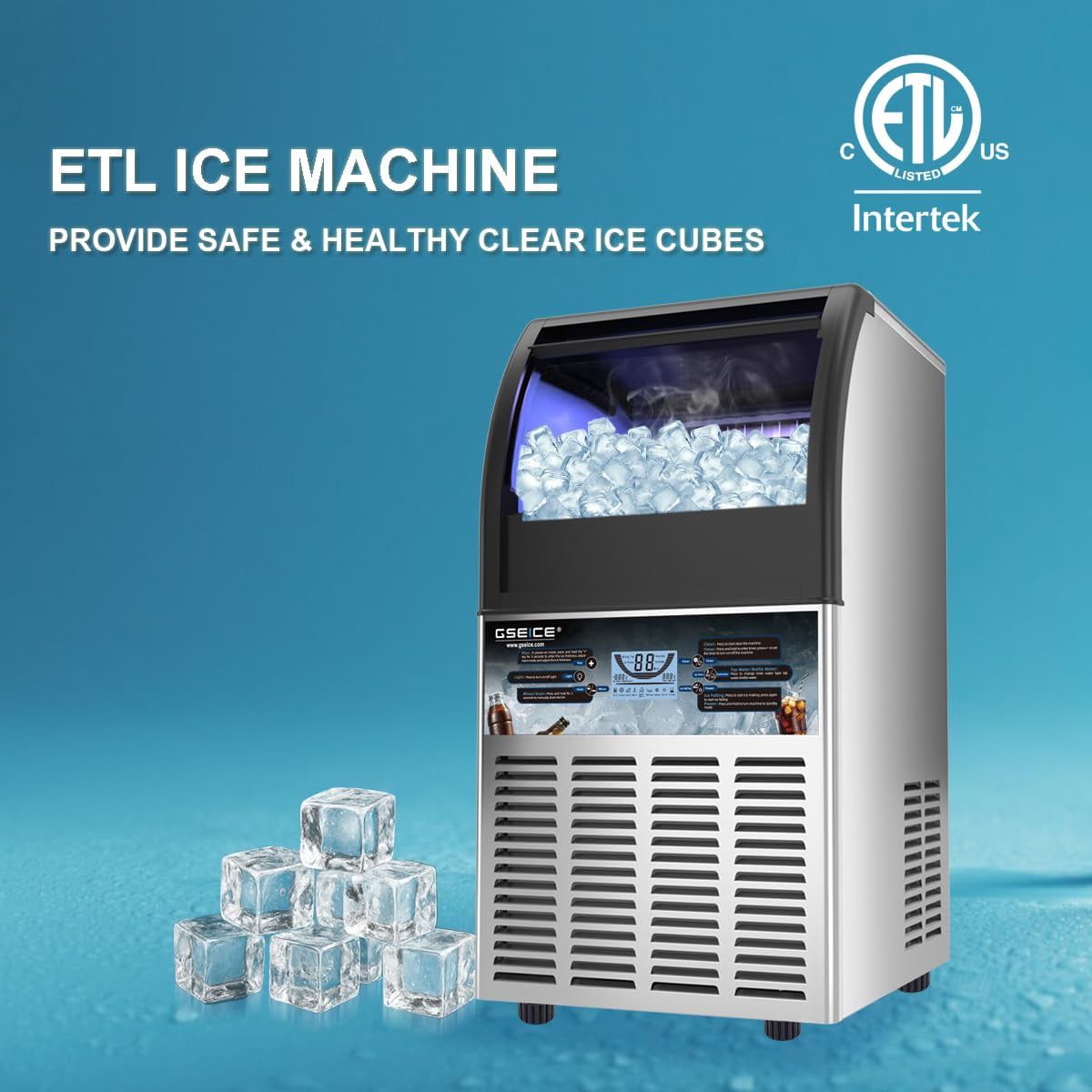 GSEICE ETL-Certified Commercial Ice Maker Machine 100Lbs/24H, Freestanding Fast Business Ice Maker, Self-Cleaning Ice Machine with LED Display for Bar, Office, Cafe, Hotel