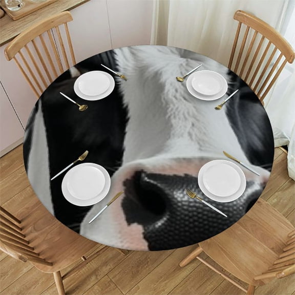 Cow Fitted Tablecloth Round with Elastic Edged, Tartan Checker Waterproof Wipe Clean Table Cover for Outdoor