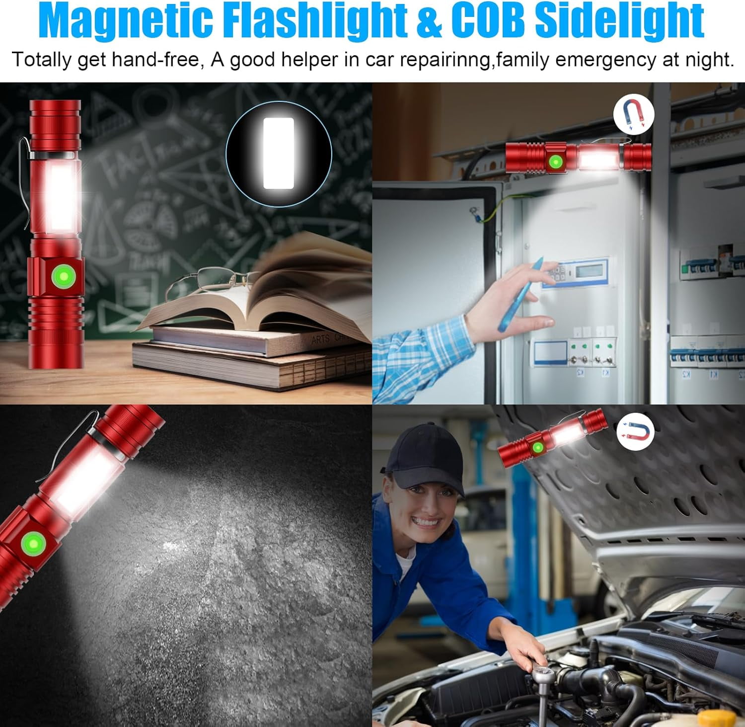 Banral Magnetic LED Flashlight,USB Rechargeable Powerful Flashlight with Cob Sidelight for Camping, Emergency -Red