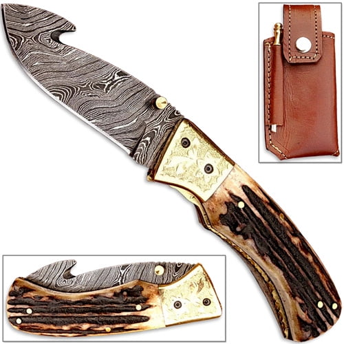 White Deer Forged Damascus Folding Knife Guthook Stag Handle Engraved Brass