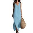 thumbnail image 2 of QUNYINEY Long Womens Dresses Sleeveless A Line Cotton Linen Blue Sundress Casual with Slit V Neck Loose Fit Dresses, 2 of 8
