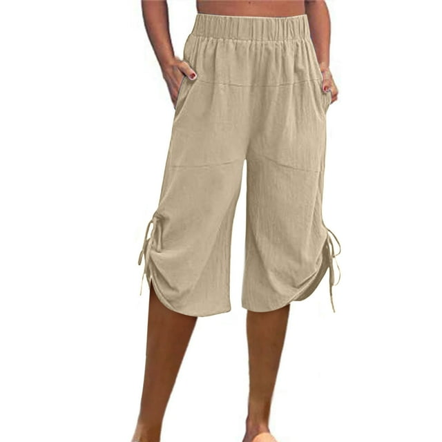 Timegard Wide Leg Shorts for Women Elastic Waisted Side Drawstring Lounge Knee Length Shorts with Pockets