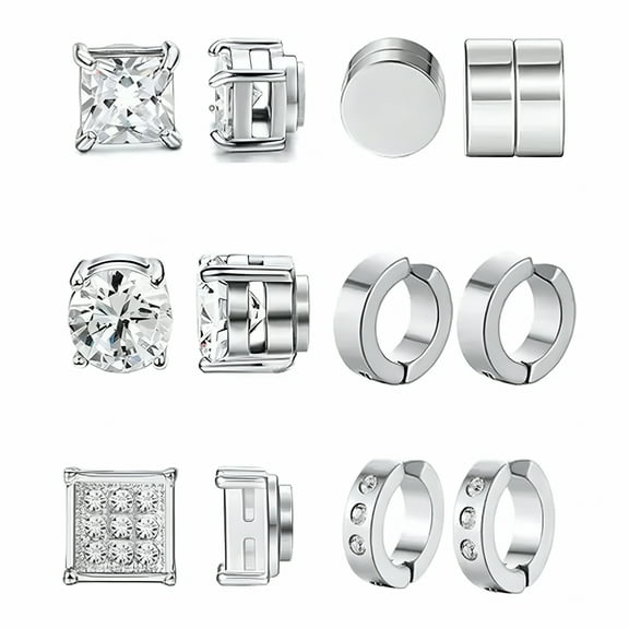 TELOLY 6 Pair Magnetic Stud Earrings for Men Women Stainless Steel Non Pierced Fake Set-Silver 8mm