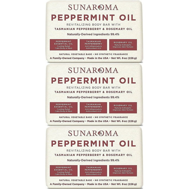 Sunaroma Jabón en barra corporal con aceite de menta y romero, 8 onzas (paquete de 3)