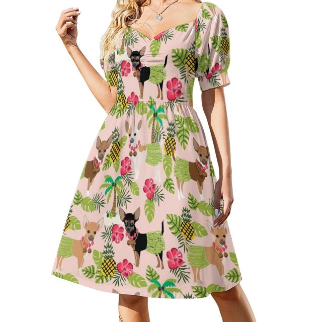 Chihuahuas raza de perro hula hawaiano palmeras tropicales chihuahua Vestido de manga corta Vestido de verano para mujer Vestido de verano para mujer