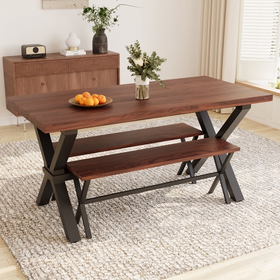 63'' Kitchen Dining Table Set, Rectangle Kitchen Table with Storage, Dining Table with 2 Benches For Breakfast Nook, Dining Room Furniture