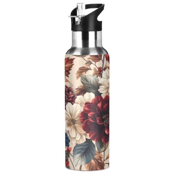 1000ml Vacuum Insulated Sports Water Bottle with Foldable Straw Stainless Steel Portable Thermos Cup Burgundy Hydrangeas