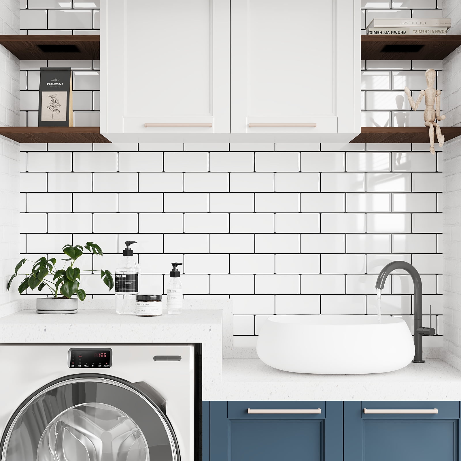 VEELIKE 6 Sheets White Subway Tiles Peel and Stick Backsplash Tiles for Kitchen Bathroom 12"x12" Waterproof Vinyl Wall Tiles Self Adhesive Wall Sticker Tile Faux White Brick Wall Panels