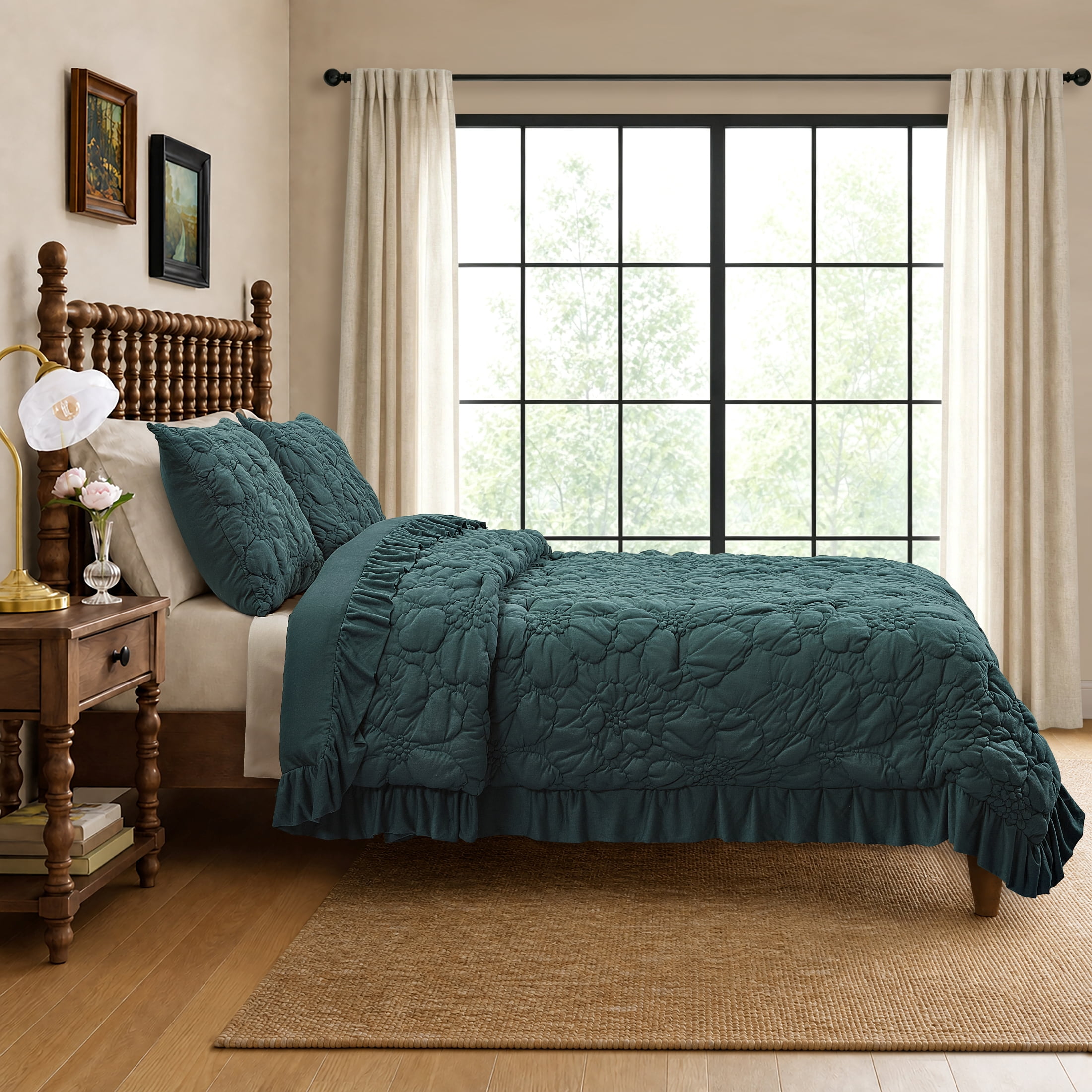 The Pioneer Woman Ruched Floral 3-Piece Comforter Set, Full/Queen, All Season, Teal