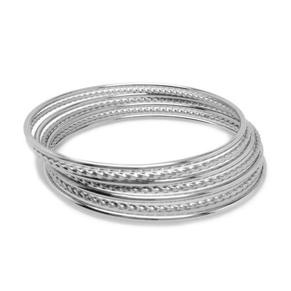 Thin Stainless Steel Silver Stackable Plain and Twisted Bangle Bracelets for Women (Set of 7) - 8 Inch