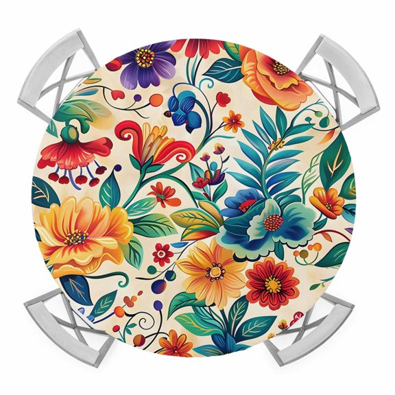 Vintage Botanical Round Tablecloth for 55-60 Inch Tables, Fitted Table Cover with Elastic Edge, Spring Floral Summer Vintage Waterproof Outdoor Table Cloth Protector for Patio Garden Dinner Picnic