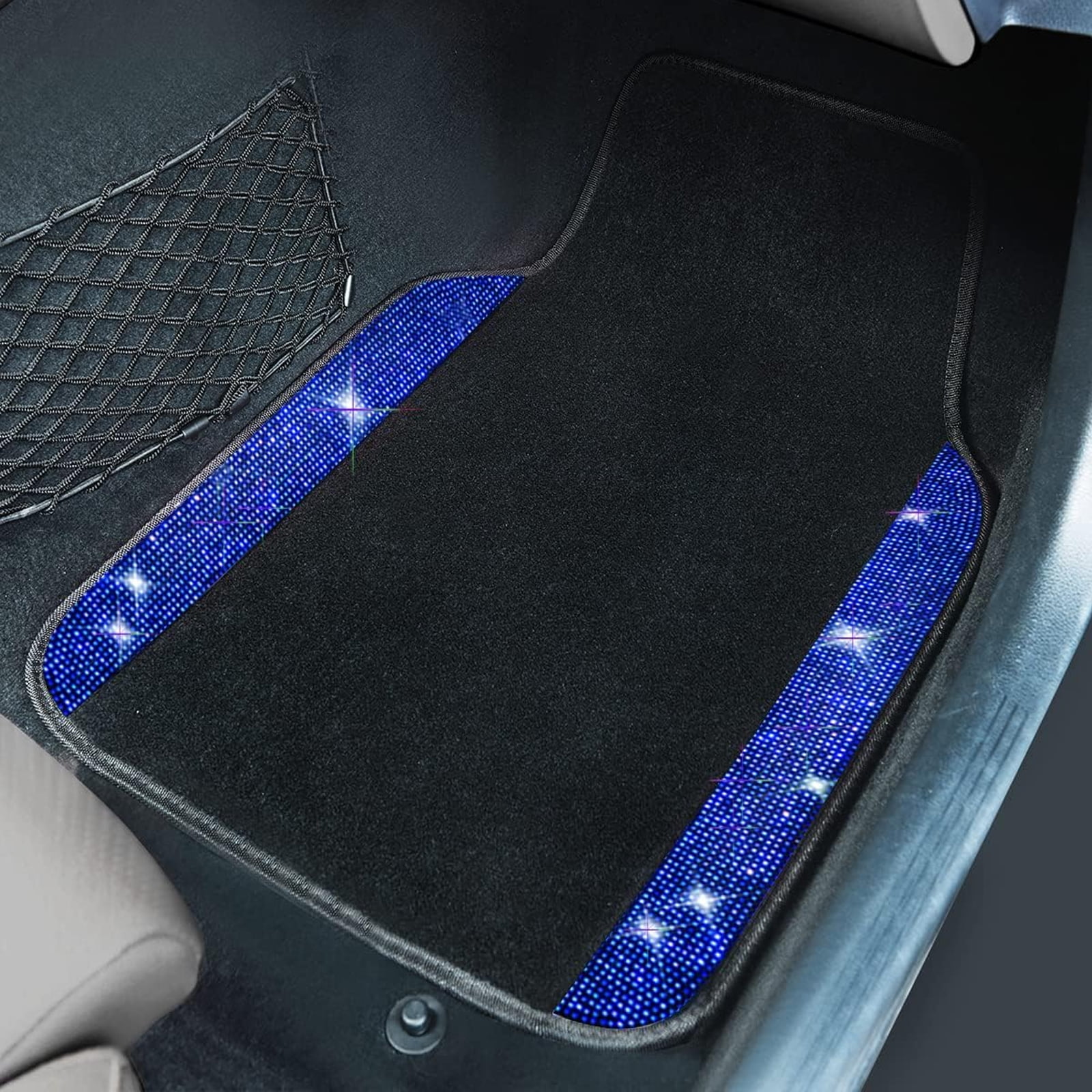 Car-Grand Bling Rhinestone Diamond car floor mats shining carpet sparkly glitter crytal with anti-slip heel waterproof universal fit cute girl women 4pcs Blue