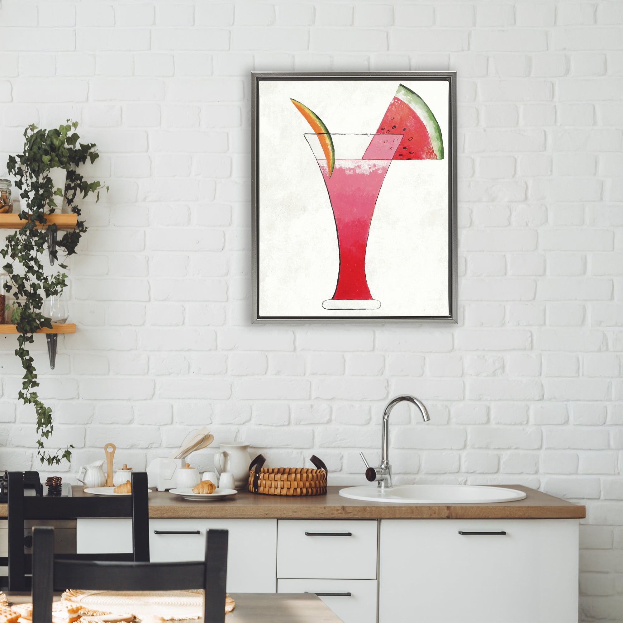 Stupell Industries Summer Cocktail Watermelon Slice Gray Framed Floater Canvas Wall Art, design by Lorenzo Collective