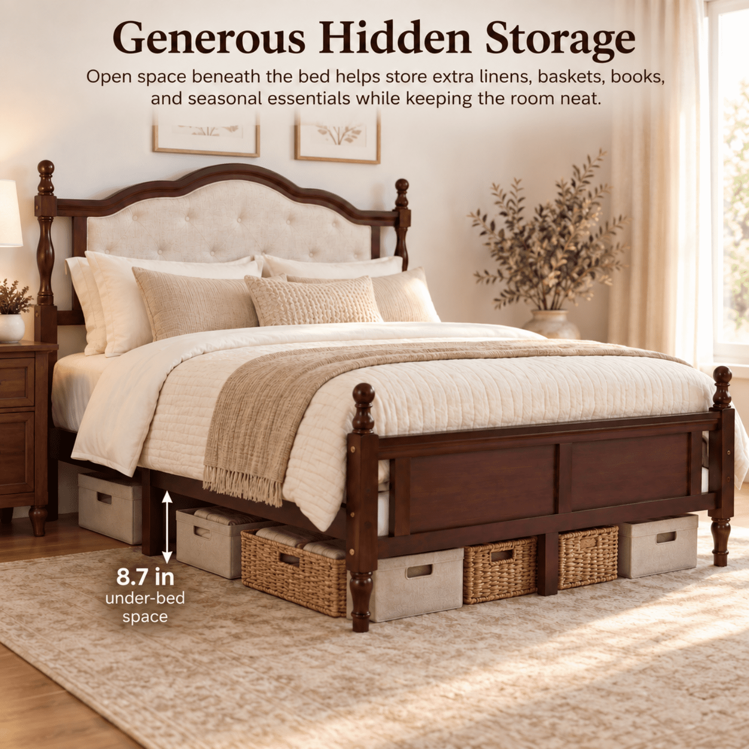 Miniyam Wood Queen Size Bed with Tufted Upholstered Headboard for Adult, Cherry