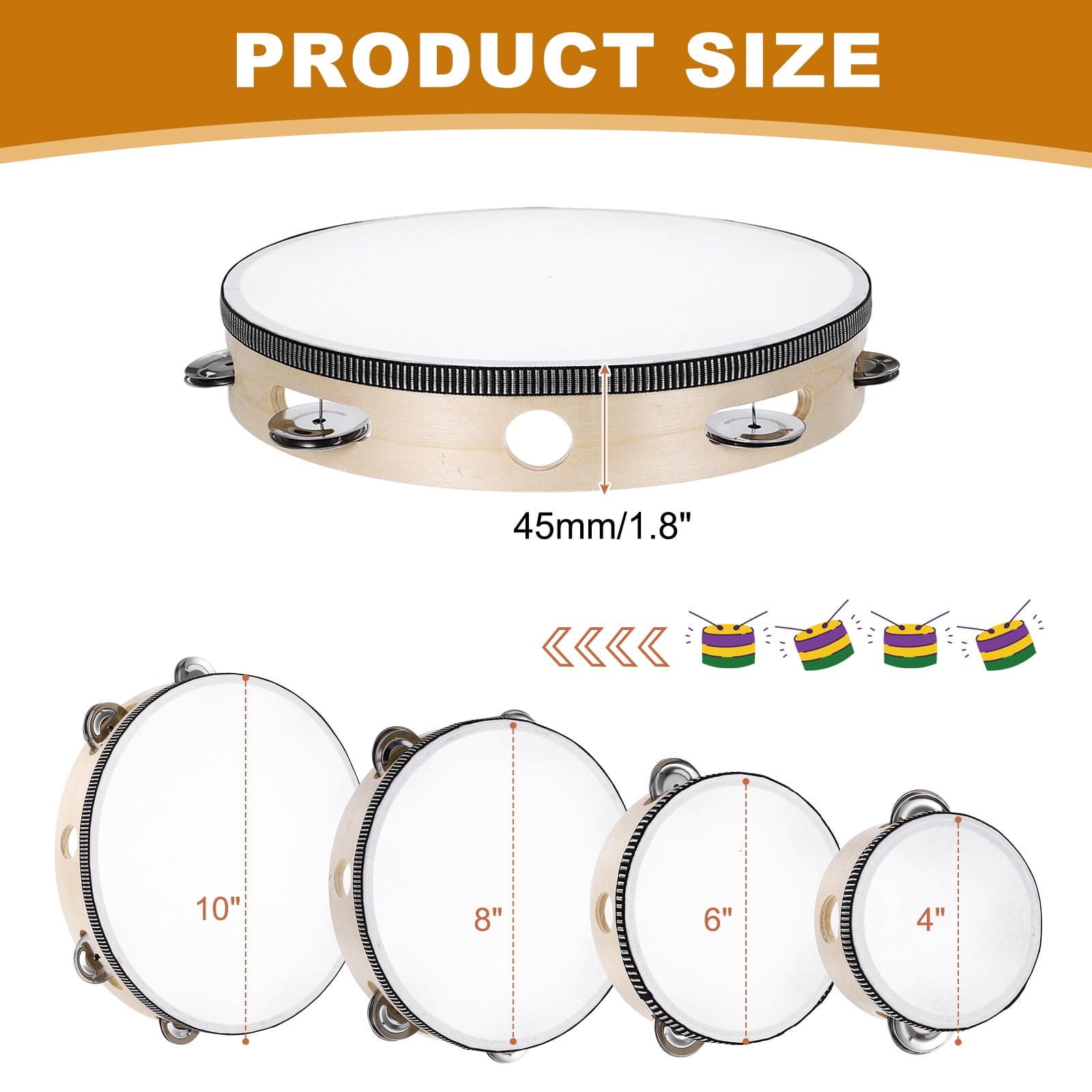Uxcell 1 Pcs Tambourine Drum 10 Inch Wood Hand Held Tambourine Single Row Metal Jingle Percussion Musical Drum Instrument for Adults Church Wedding Party Games, Wood Color