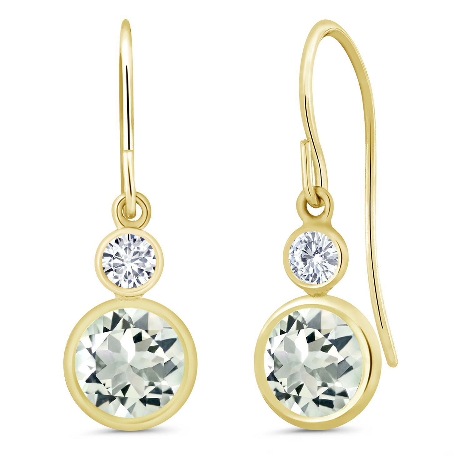 Gem Stone King 14K Yellow Gold Green Prasiolite and White Lab Grown Diamond Drop Dangle Earrings for Women | 1.80 Cttw | Gemstone Birthstone | Round 6MM and 3MM