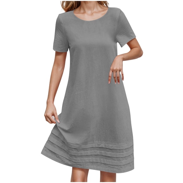 Robes d'Été Plissées pour Femmes Décontractées en Coton et Lin Robe Midi Tnuic Élégante à Manches Courtes Robe T-Shirt