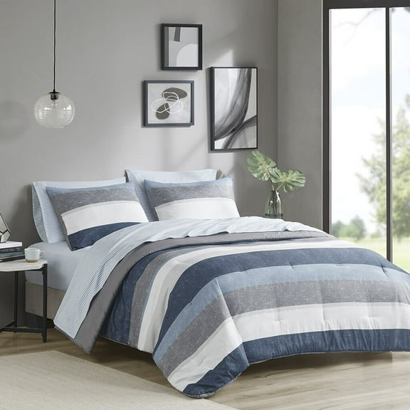 Cotton Bedding Set Stripe Comforter Set with Bed Sheets Blue/Grey Twin,Bed In A Bag