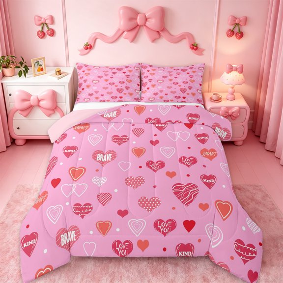 Manfei Cartoon Loves Pattern Bedding Comforter Set,Girl Heart Print Twin Comforter Sets,Dreamy Pink Bedding Set For Kids,Microfiber Bedroom Decor Reversible,2 Pieces