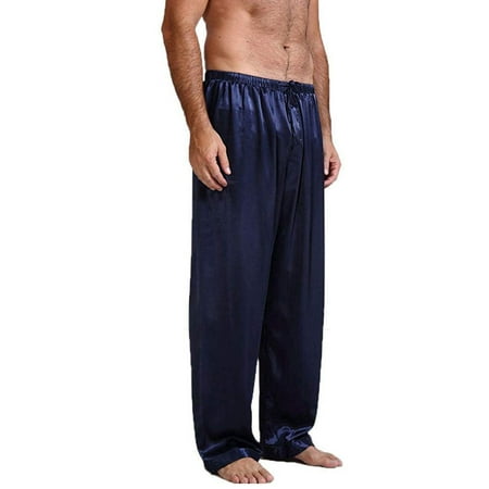 

wybzd Mens Loose Sleep Bottoms Nightwear Sleepwear Bath Pajamas Satin Silk Long Lounge Pants Pyjamas Blue L