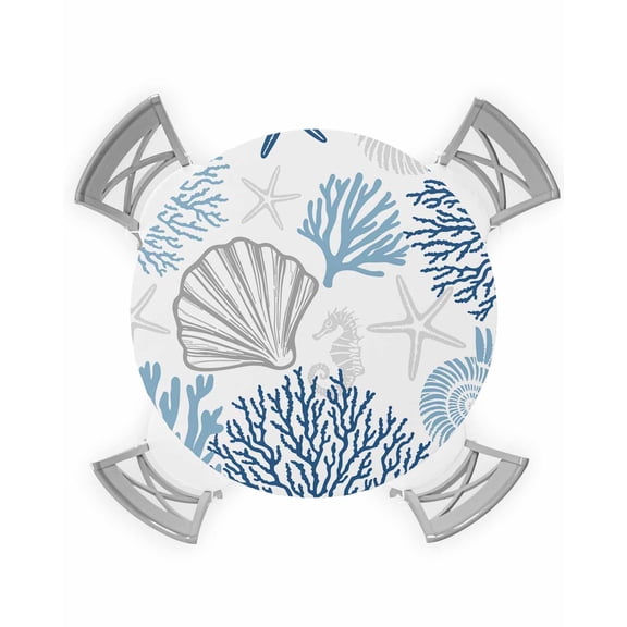 nqOlkjepod Blue Grey Coastal Round Tablecloth, Fitted Table Cover with Elastic for 45"-54" Round Tables, Summer Beach Coral Shell Starfish Table Cloth Outdoor Dinning Party Waterproof Tablecloths