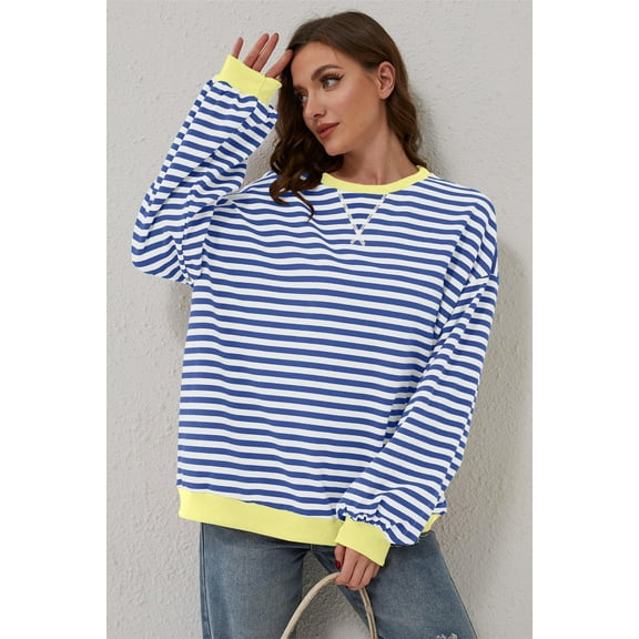 Cali Chic Women Sweatshirt Blue Stripe Oversized Contrast Trim Knit Round Neck Pullover (blue, medium)
