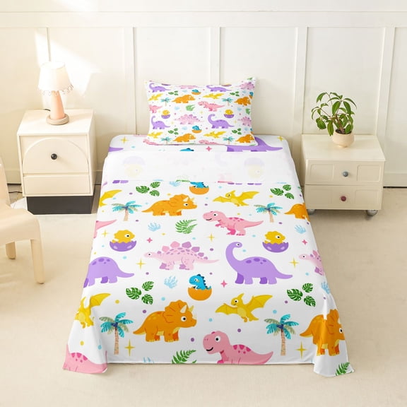 Homewish Kawaii Dino Twin Sheets,Cartoon Wildlife Bedding,White,3pcs,1 Fitted Sheet and 1 Pillowcase