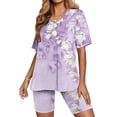 thumbnail image 4 of Virmaxy Womens Stylish Outfit 2 Piece Set Summer Marble Printed Shorts 2 Piece Set Fashion Casual Short Sleeve V-Neck Top/Shirt Shorts Set Purple L, 4 of 7