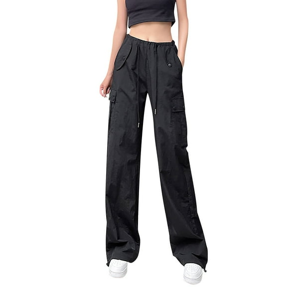 Manxivoo Cargo Pants for Women High Waisted Women's Cotton Drawstring Parachute Pants with 4 Pockets/Low Rise Elastic Waistband Cargo Pants Street Summer Dickies Pants Black