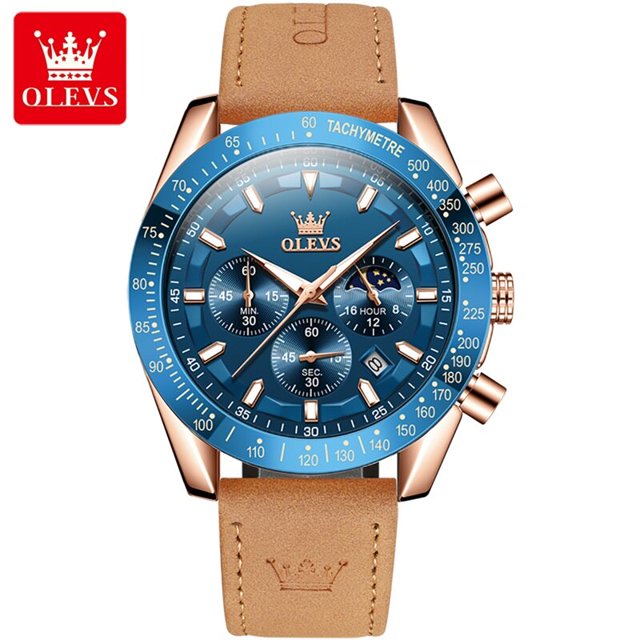 OLEVS Men's Quartz Watch New Original Date Calendar Moon Phase Waterproof Luminous Brown Leather strap Quartz Watch for Men