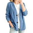thumbnail image 6 of Denim Jacket for Women V Neck Button Front Breathable Stretch Jean Jacket Women Relaxed Fit Long Sleeve Stylish Cardigan Coat Blue XL, 6 of 8