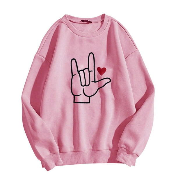 Gibobby Divertidas Sudaderas Mujer Día de San Valentín Te Gesto Impresión Casual Top Cuello Redondo Manga Larga Sudadera Con Capucha (Rosa, XXL)