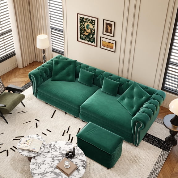 89" Chesterfield 3-in-1 Pull-Out Sofa Bed, King Size Convertible Sleeper Sofa with Movable Ottoman and Chaise Lounge, Tufted Velvet 3-Seater Couch for Living Room or Apartment (Green)