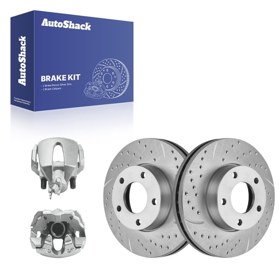 AutoShack Front Brake Rotors & Calipers for Mazda, 3 2004-2006, 2008-2013 3 Sport 2009-2013, FWD L4 2.0L - Silver Zinc Coated Drilled & Slotted - SilverShield Pro - 10.94" (277.9 mm), 5-Lug
